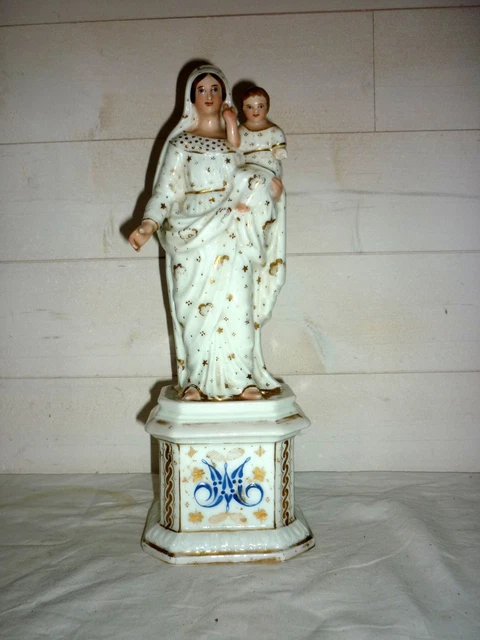 Vierge Ancienne à l'Enfant Jésus en Porcelaine de Paris XIXèm Siècle h: 31,5cm