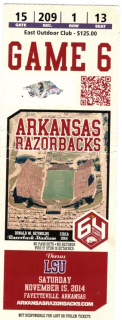 Arkansas Razorbacks SEC Football Ticket Stub LSU Tigers 2014 Razorback Stadium