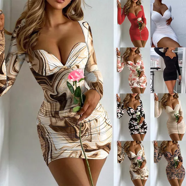 Femmes Soirée Robe Sexy Moulant Slim Col V Robes Manches Longues Robe de Solei *