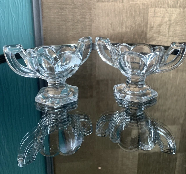 One Pair Art Deco Clear Cut Glass Faceted Trophy Style Salt & Pepper Holders