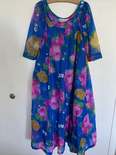 Vintage Kiyomi Hawaii Liberty House Size 14  Muumuu Dress Purple Blue Flowers