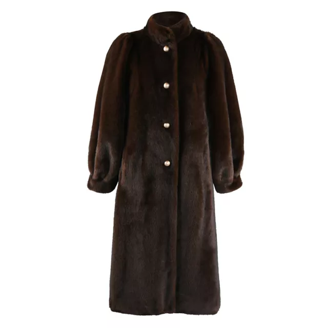 Brown Mink Fur Coat Womens Long Puff Sleeves Stand Collar Mother Single Breasted