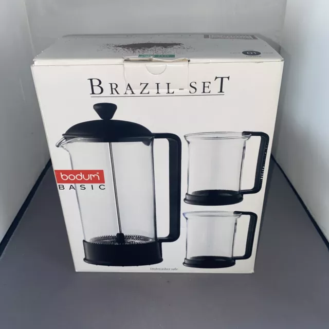 BODUM Brazil French Press Coffee Maker 3PC Set Black & Clear Glass K1558-01 NIB