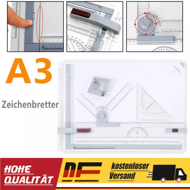 Profi Zeichenbrett Zeichenplatte Reißbrett A3 Kit Multifunktional mit Zubehör