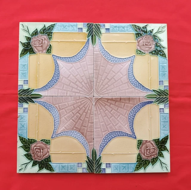 4 Piece Set Old Art Flower Design Embossed Majolica Ceramic Tiles Japan 0214