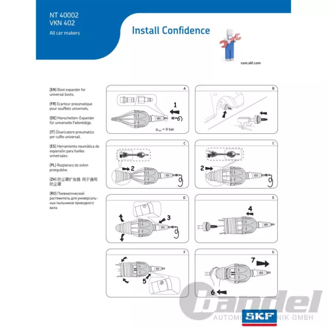 OUTIL DE MONTAGE SKF SOUFFLET + 10 x POIGNÉE D'ESSIEU UNIVERSELLE ÉPANDEUR D'AIR COMPRIMÉ 3