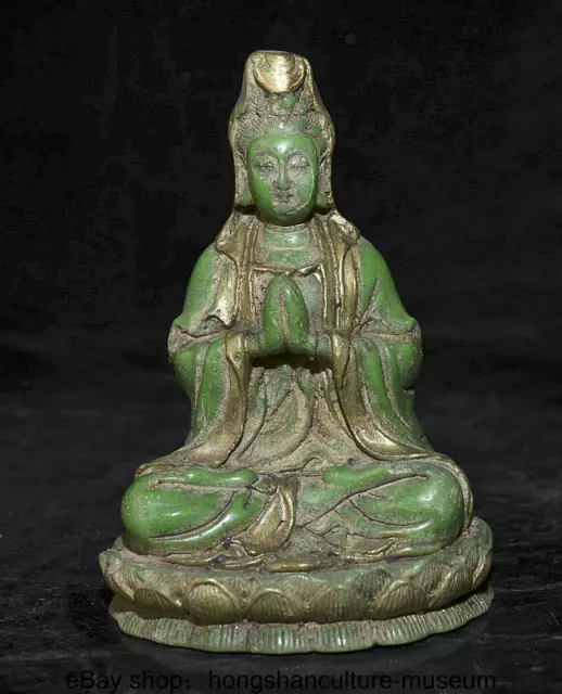 5.6 " China Green Jade Gilt Carved Buddhism Guanyin Kwan-Yin Buddha Lotus Statue