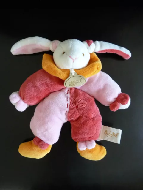 *. Doudou Peluche Baby Nat Lapin Rose Orange Rouge Cocarde 22Cm Excellent Etat