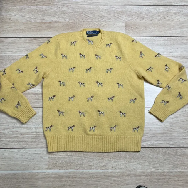 Polo Ralph Lauren All Over Dog Pattern Yellow Light Weight Sweater Wool XL READ*
