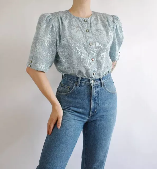 Vintage 80s beautiful blue floral print oversized blouse with short puff sleeves