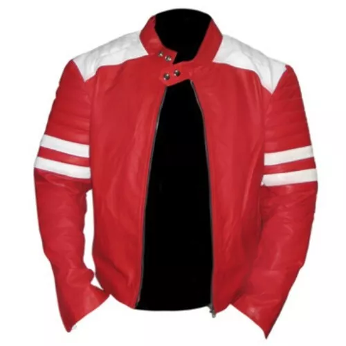 Fight Club Men's Retro Mayhem RED Leather Jacket WHITE STRIPE PARTY Style Jacket