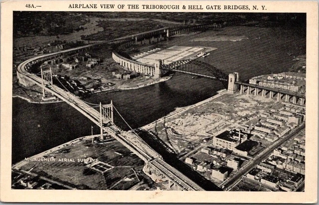 New York City Postcard "Airplane View of Triborough and Hell Gate Bridges" 1940s
