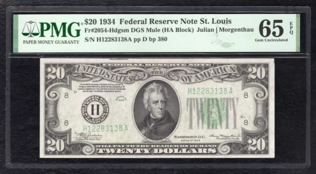 FR 2054-Hdgsm 1934 $20 FRN FEDERAL RESERVE NOTE ST. LOUIS, MO PMG GEM UNC-65EPQ