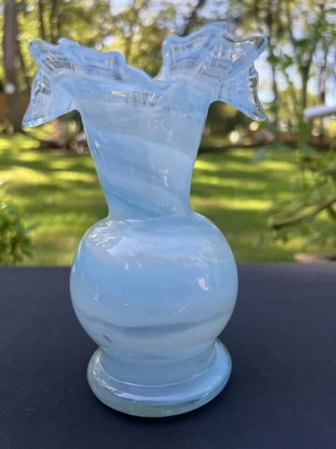 Vintage Blown Glass Ruffled Neck Footed Swung Vase Blue and White by Old Timer