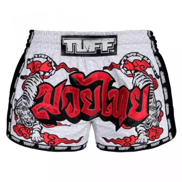 TUFF Muay Thai Shorts White Double Tiger Kickboxing Trunks K1 MuayThai Shorts