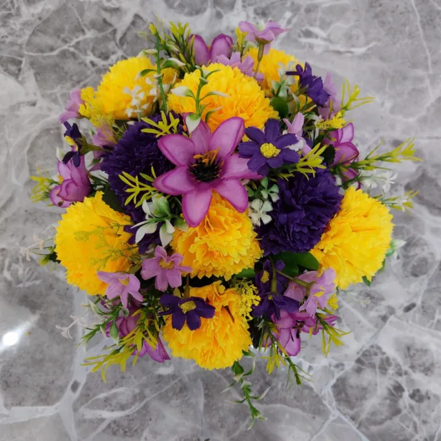Lilac Dahlia & Yellow Carnations | Artificial Flower Pot | Grave/Memorial/Crem