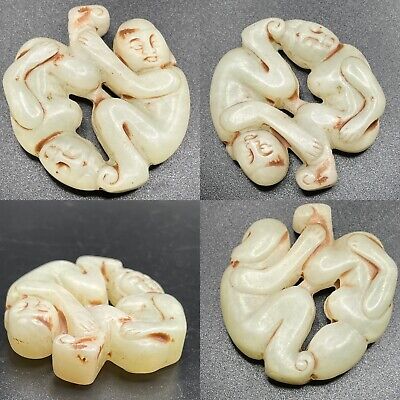 Beautiful Old Natural Jade Stone Carved 2 Erotic Sexual Figure Amulet Wearable