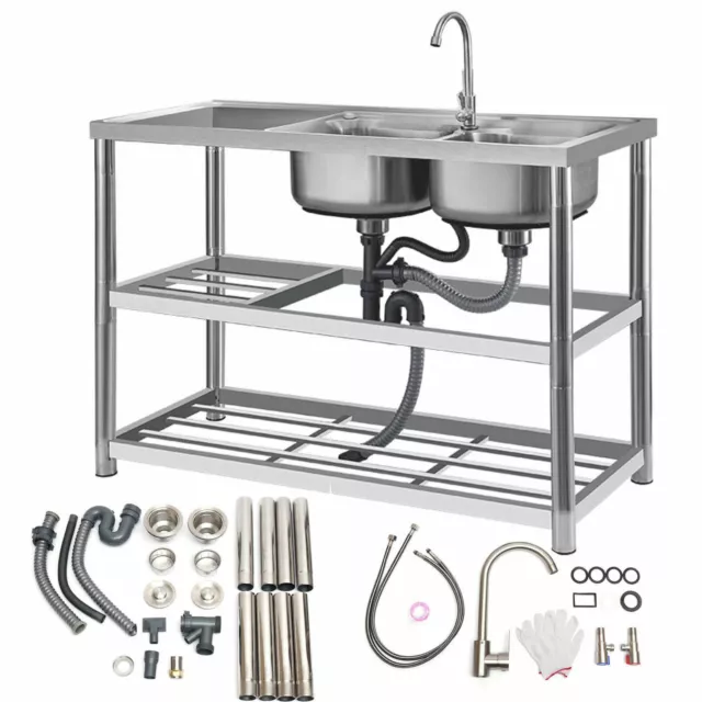 Commercial Sink Stainless Steel  Kitchen Utility Sink 2 Compartment & Prep Table