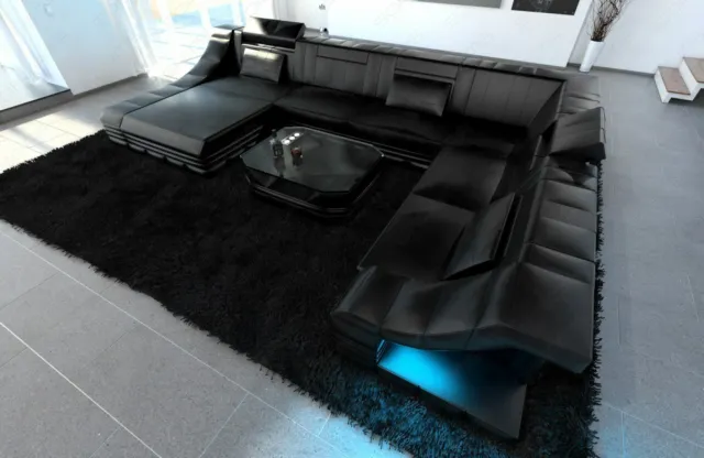 Leather Couch Interior Design Turino XXL Luxury Sofa Recamiere LED Ottoman Black