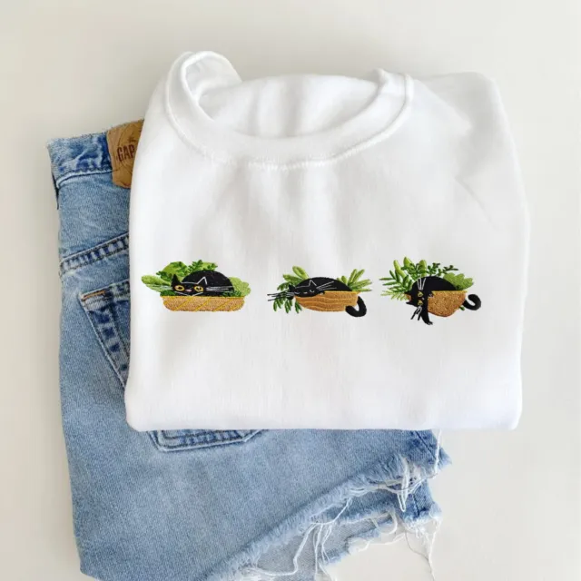 Cute Black Cat And Plants Embroidered Tshirt Plants And Cat Size XS to 3XL