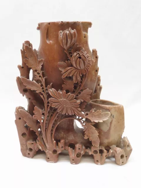 Vtg Carved Chinese Soapstone Double Vase 9" Tall Flowers & Leaves Red/brown