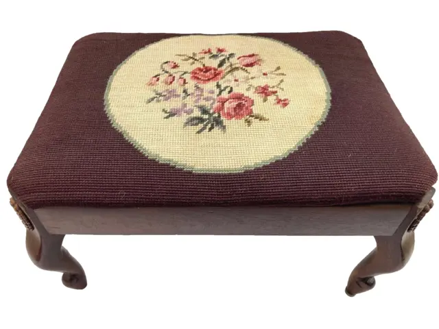 Antique Footstool Olds Wortman & King Ottoman Needlepoint Burgundy Red Floral T