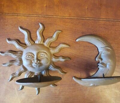 Vintage Pair Iron Architectural Salvage Sun & Moon Wall Mount Candle Holder