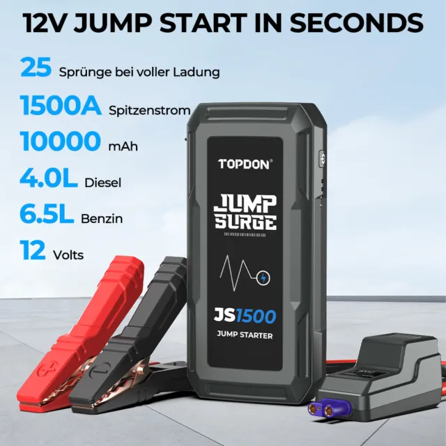TOPDON JS1500 Starthilfe Jump Starter Booster Powerbank 1500A 10000mAh 6.5L Gas 2
