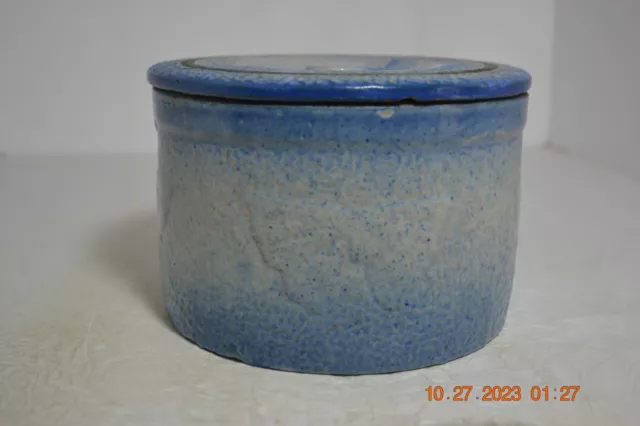 Vintage Salt Glazed Blue Decorated Stoneware Blue / White Butter Crock with Lid