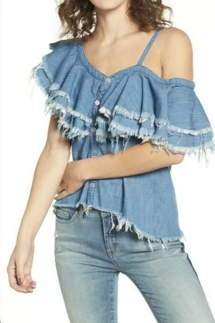 NEW Blank NYC Asymmetric Raw Edge Ruffle Denim Shirt Sz M Making Waves