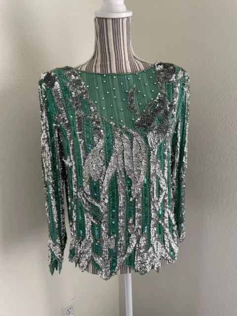 Vintage 80's Greg Adams Disco Silk Green Silver Sequins Beaded Evening Blouse S 2