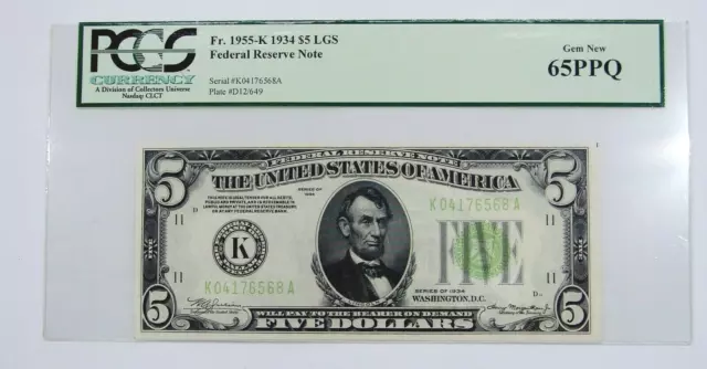 1934 $5 Federal Reserve Note (LGS) Light Green Seal 💲 PCGS 65PPQ