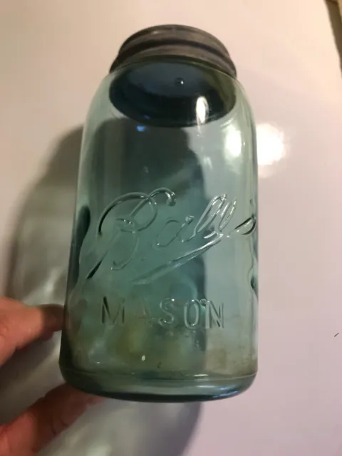 Antique Qrt Ball Mason Canning Jar Wavy Glass Air Bubbles # 6 "Q" Grn blue FR/SH