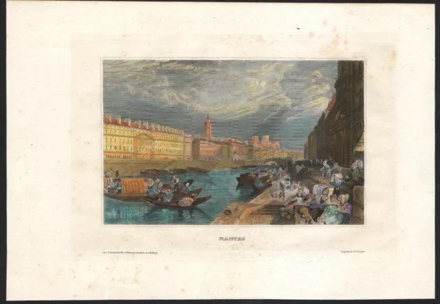 1850 Gravure aquarellée Nantes Vue de la Loire quais Bretagne