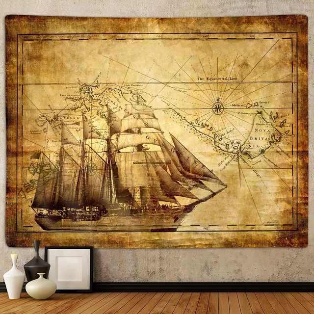 Old Map Tapestry, Vintage Nautical Pirate Treasure World Map Art Tapestries W...