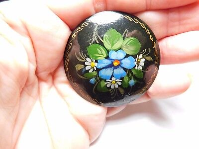 Signed Russian Hand Painted Wooden Brooch Blue Flower Vintage