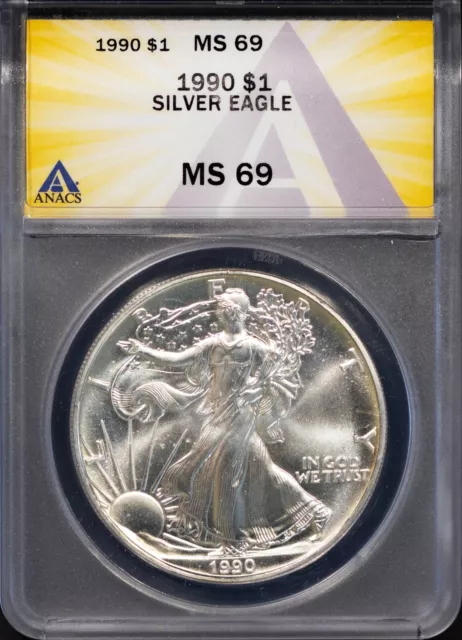 1990 $1 Silver American Eagle MS 69 ANACS # 7668288 + Bonus