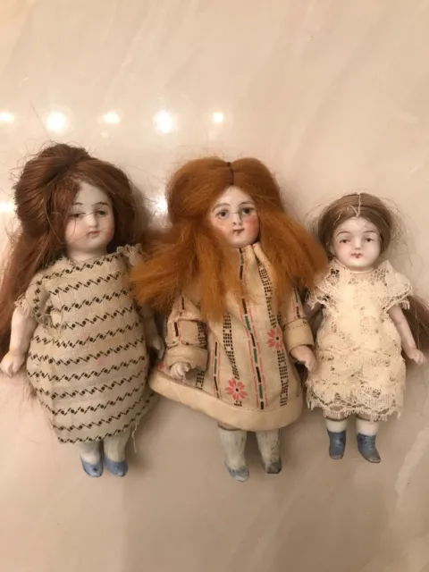 Vtg Lot 3 Girl Miniature Bisque Porcelain Dolls Hinged Arms & Legs germany doll