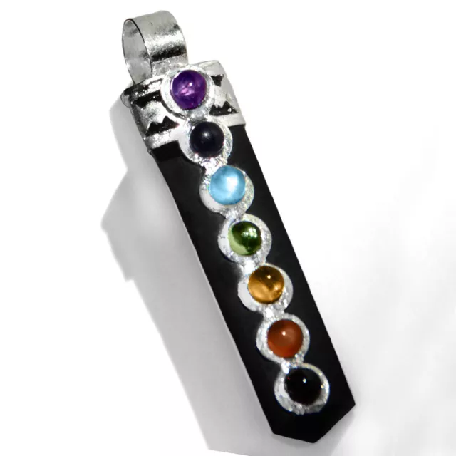 Black Tourmaline Crystal Point Chakra Gem Silver Pendant Necklace Reiki Healing