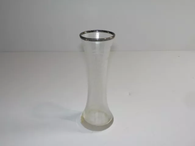 Antique Sterling Silver Rimmed Cut Etched Glass Bud Vase