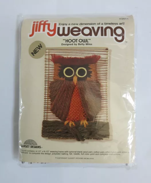 Vintage 1977 Jiffy Weaving Hoot Owl Kit 4.5 x 5.5" with Frame Sunset Designs