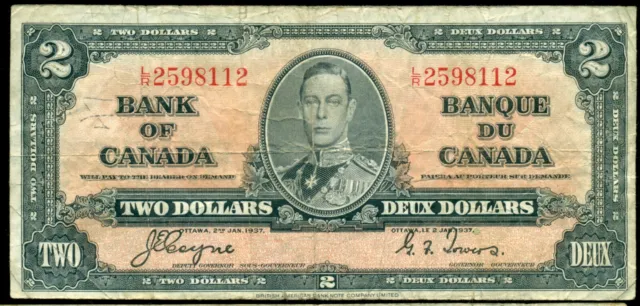 1937 King George VI, BC-22c, Bank of Canada $2, Coyne/Towers, L/R   P84