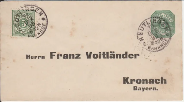 Privat-Ganzsache PU 6 Voitländer m. Zf., K1 REUTLINGEN BAHNHOF 1895 nach Kronach