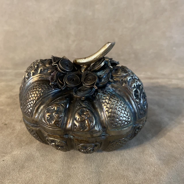 Vintage Antique Cambodian Silver Plate Betel Nut Box Pumpkin Shape