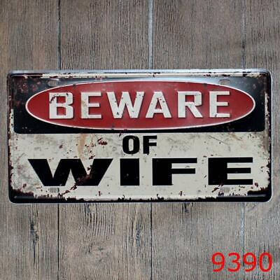 Metal Tin Warning Sign Beware Of Wife Funny Wall Home Decor Man Cave Poster Art