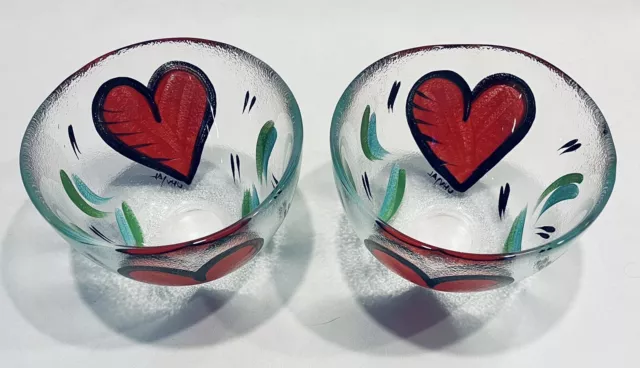 2 - KOSTA BODA Art Glass FLOATING HEARTS HAND PAINTED Signed UHV/AL 6" Bowls