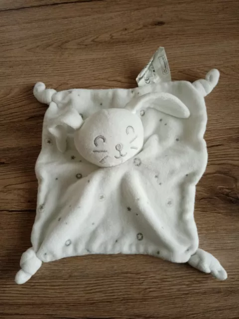 Doudou Plat  Lapin Blanc Gris Etoile Siplec Yeux Fermes
