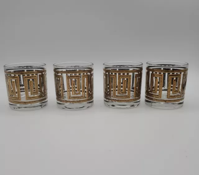 Vintage Gold Greek Key Whiskey Rocks Cocktail Glass Set Of 4