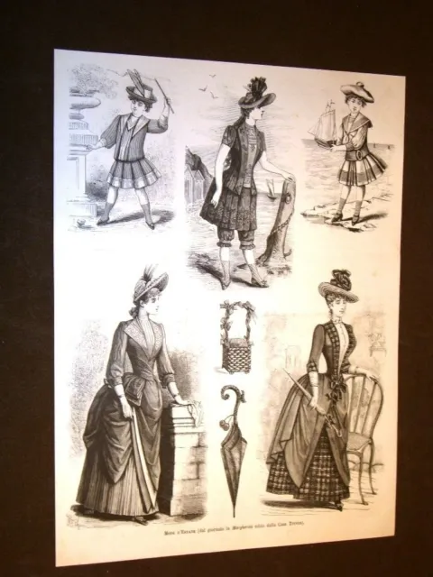 Moda e costume in Italia nel 1888 Abiti d'estate per signora, ragazza e bambina
