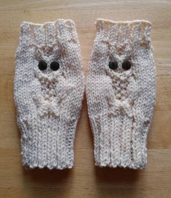 Handmade Knitted Fingerless Gloves/Mitts Owl Design Great for Driving or Texting